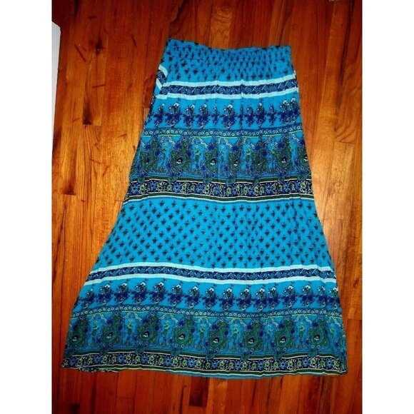 Womens L maxi skirt Cottagecore Peasant modest Boho printed teal blue side slits - Picture 8 of 11